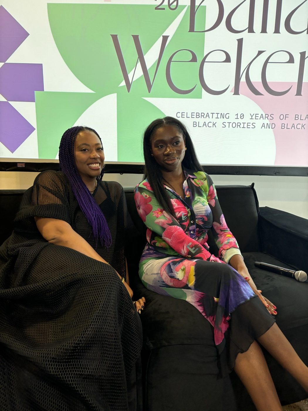 Tobi Oredein and a guest on the sofa beneath the Weekender screen celebrating ten years of Black Ballad